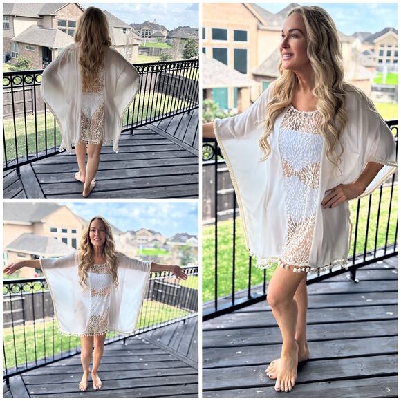 C02 Irgus Brand Kaftan Lace Insert Pom Pom Cover Up Size M $65 - Picture 1 of 16